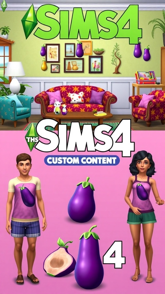 Sims 4 eggplant-themed custom content including clothing, furniture, and accessories.